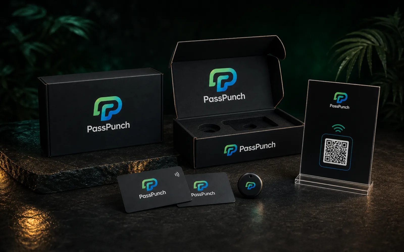 Premium PassPunch starter kit with branded NFC cards, NFC tap point and counter sign